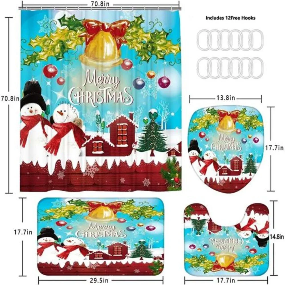 4Pcs Christmas Snowman Shower Curtain Sets Winter Jingle Bell Bathroom Set